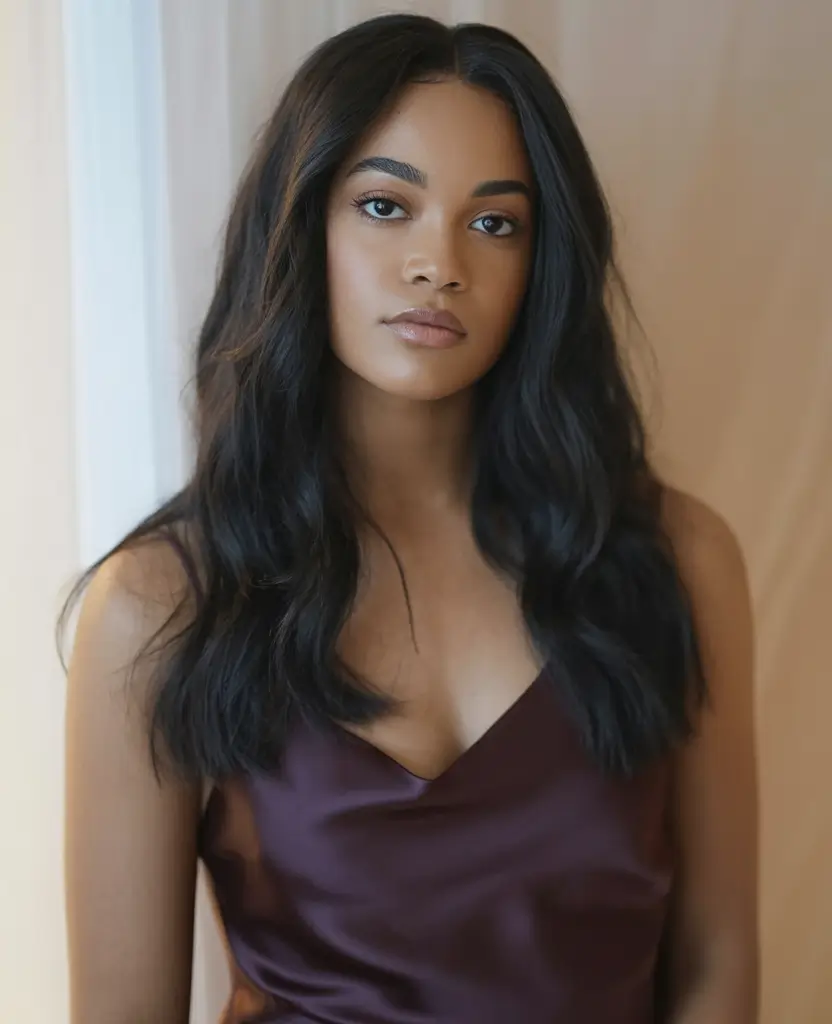 cool spring hair color for dark skin 2026+Velvet Black with Undone Volume