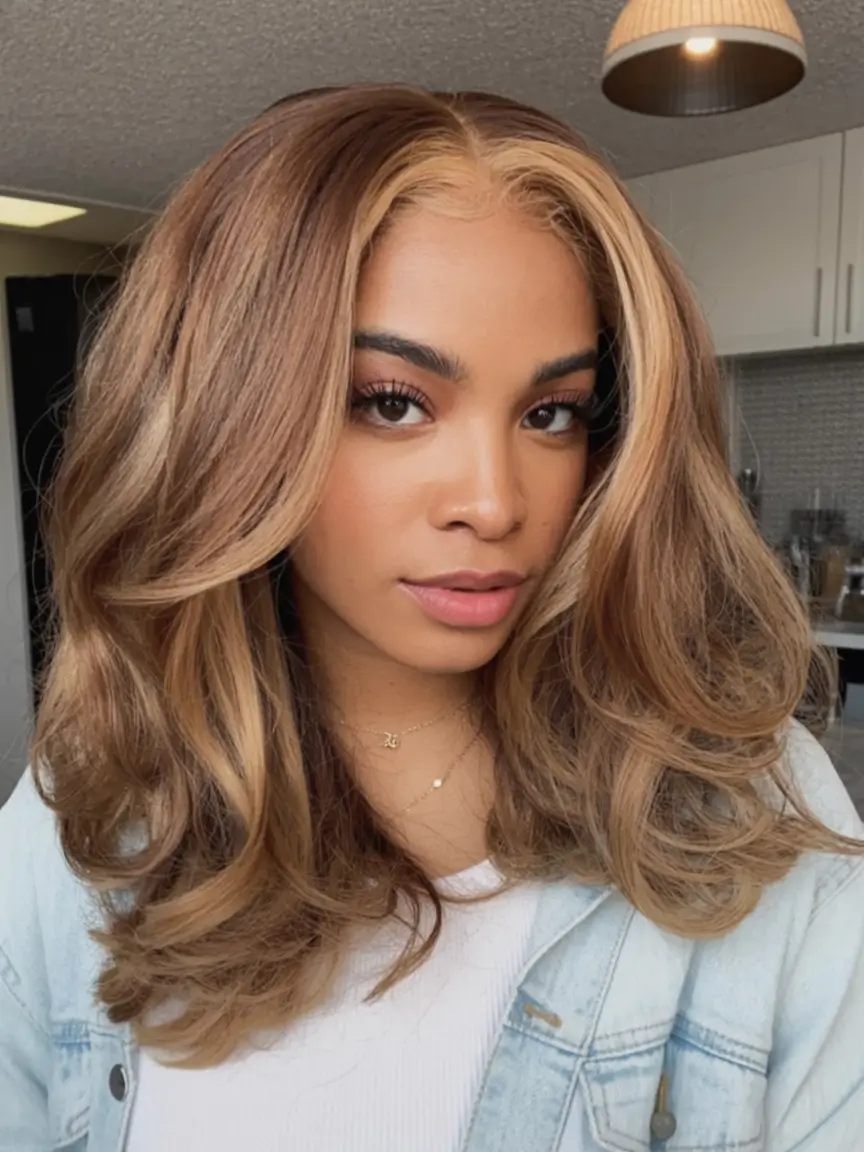 cool spring hair color for dark skin 2026+Money Piece Blonde with Cinnamon Swirl Base