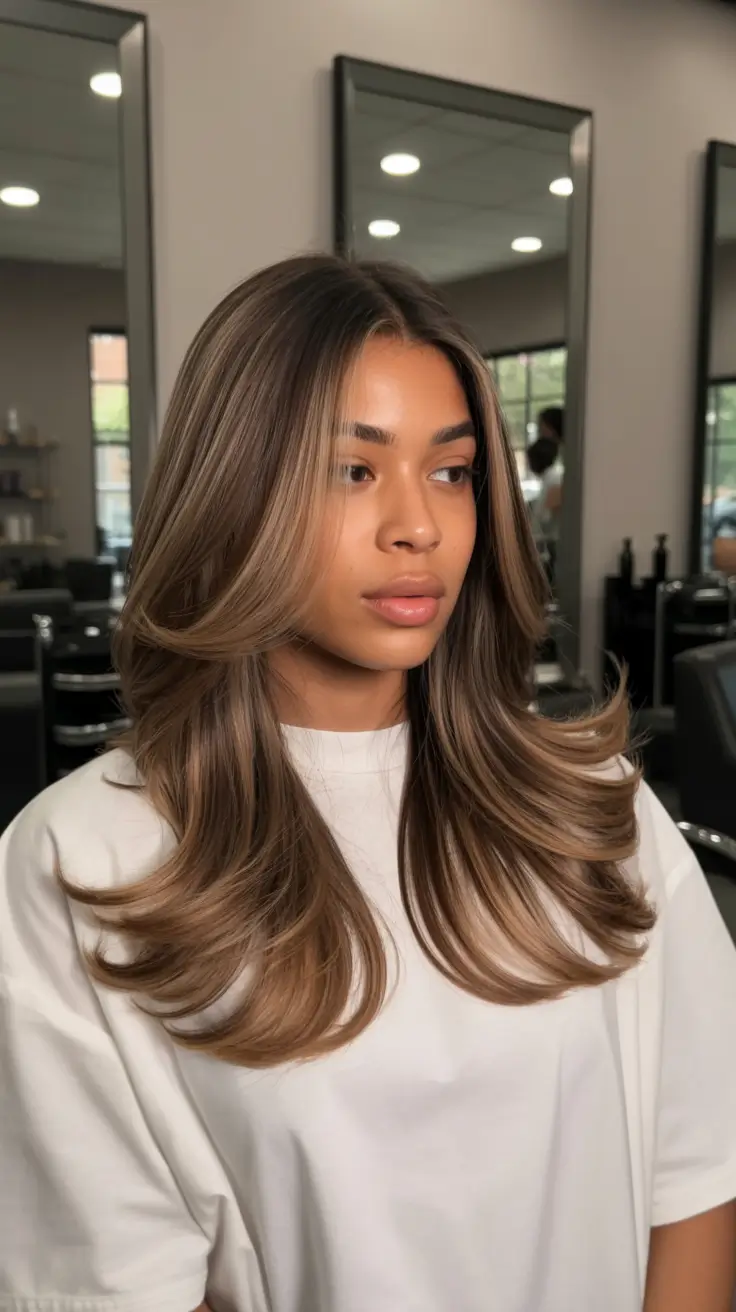 cool spring hair color for dark skin 2026+Cool Mocha Layers with Seamless Face-Framing
