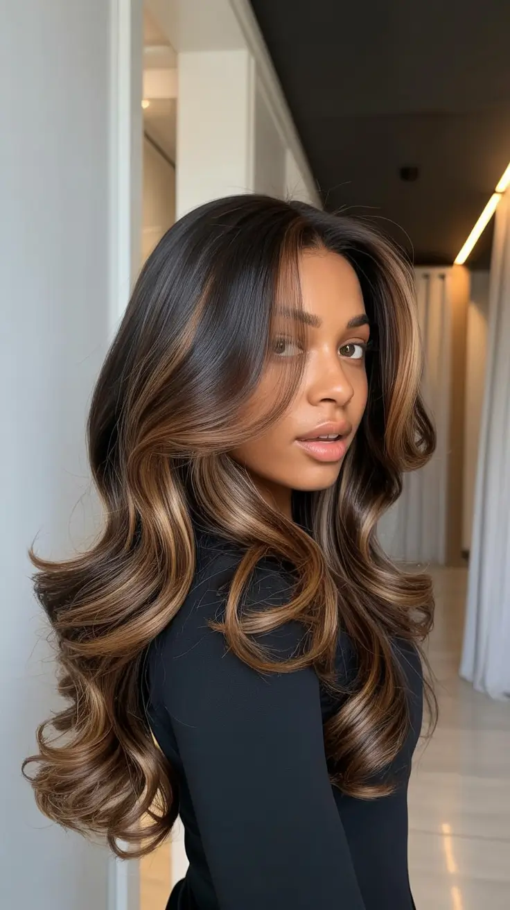 cool spring hair color for dark skin 2026+Dimensional Brunette with Whispered Amber Ribbons