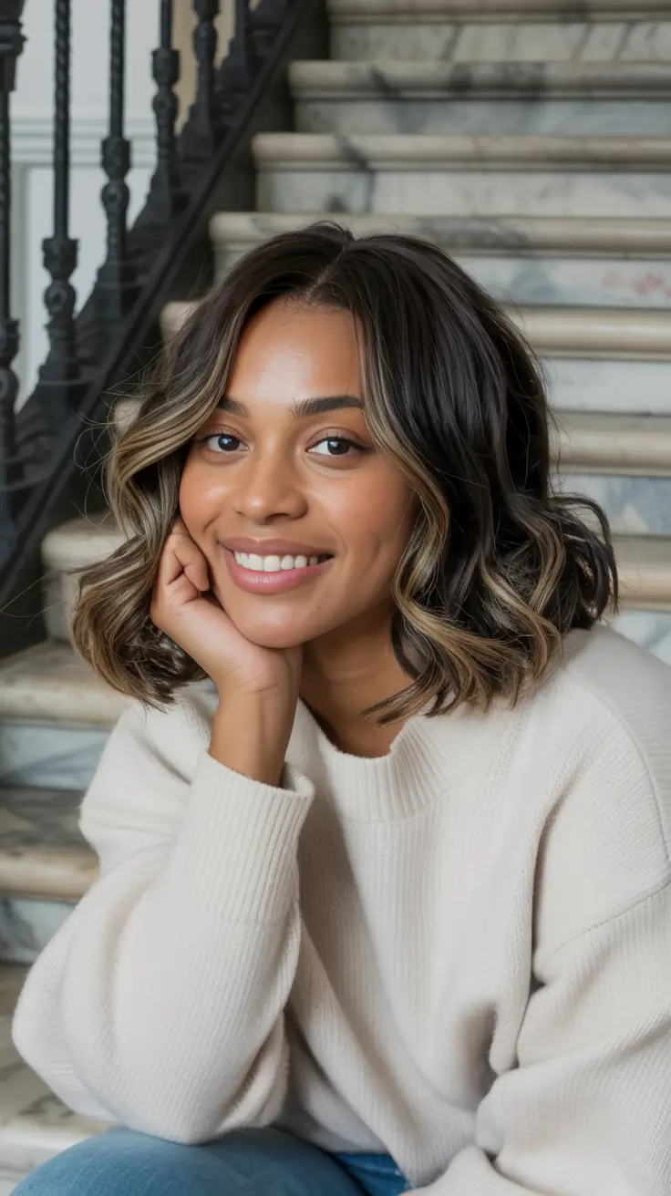cool spring hair color for dark skin 2026+Choppy Bob with Ashy Brunette & Lived-In Highlights