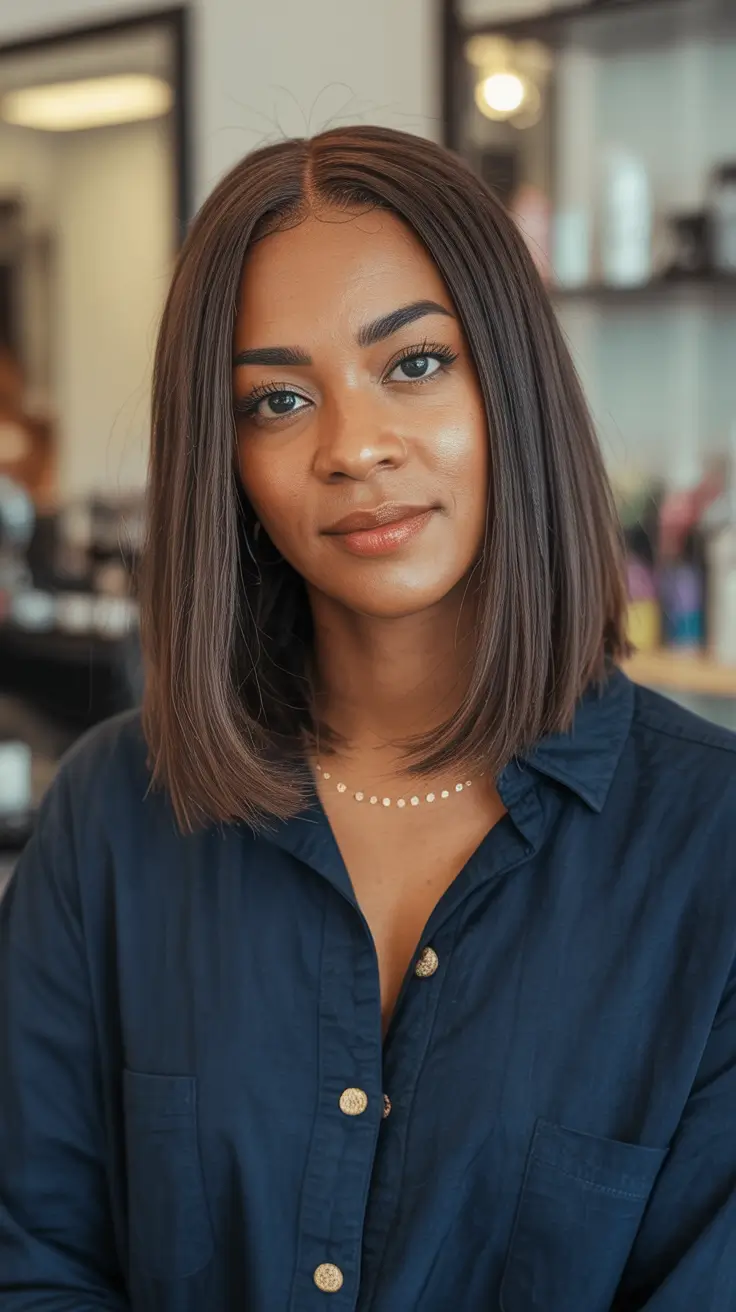 cool spring hair color for dark skin 2026+Silky Dark Roast with Blunt Lob