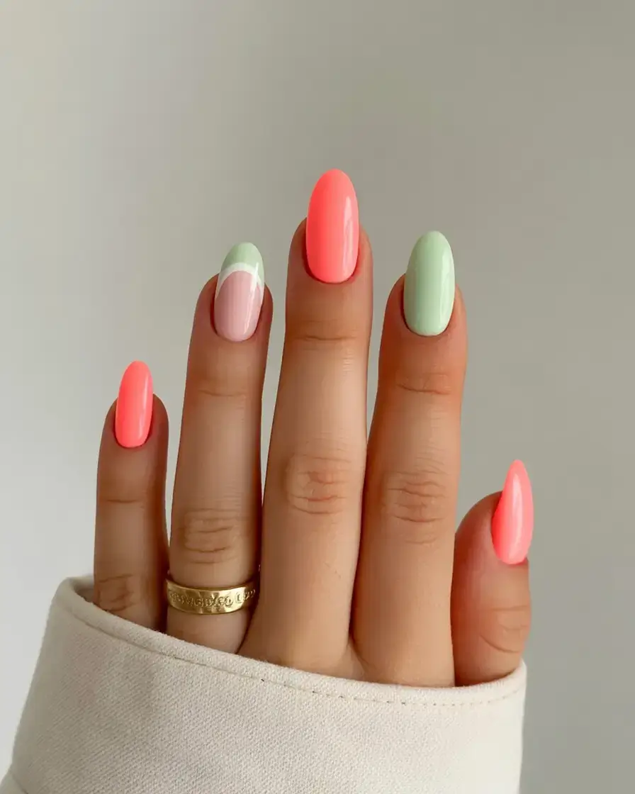coolest fun spring nails 2026 Mint + Melon Pop Combo