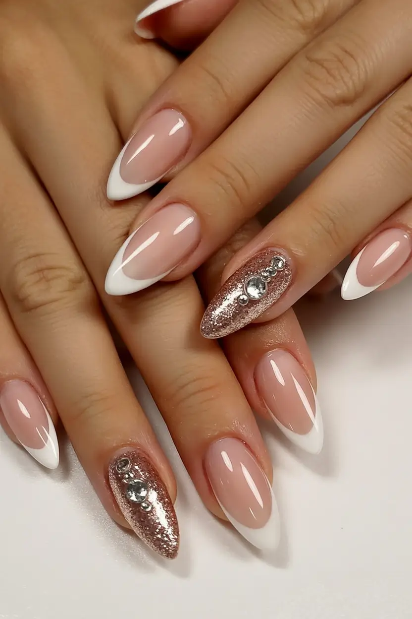 cozy spring wedding nails 2026 Classic French with Champagne Glitter Accent