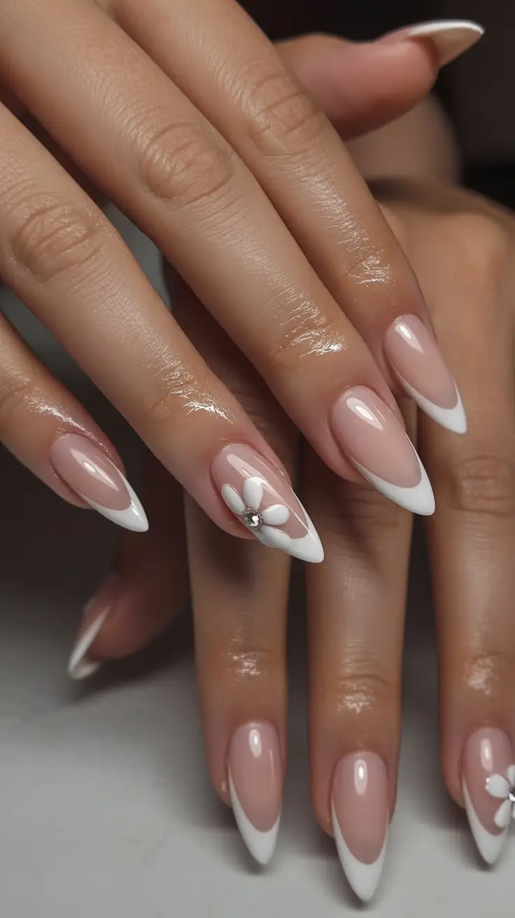 cozy spring wedding nails 2026 Delicate White Flower on a Modern French