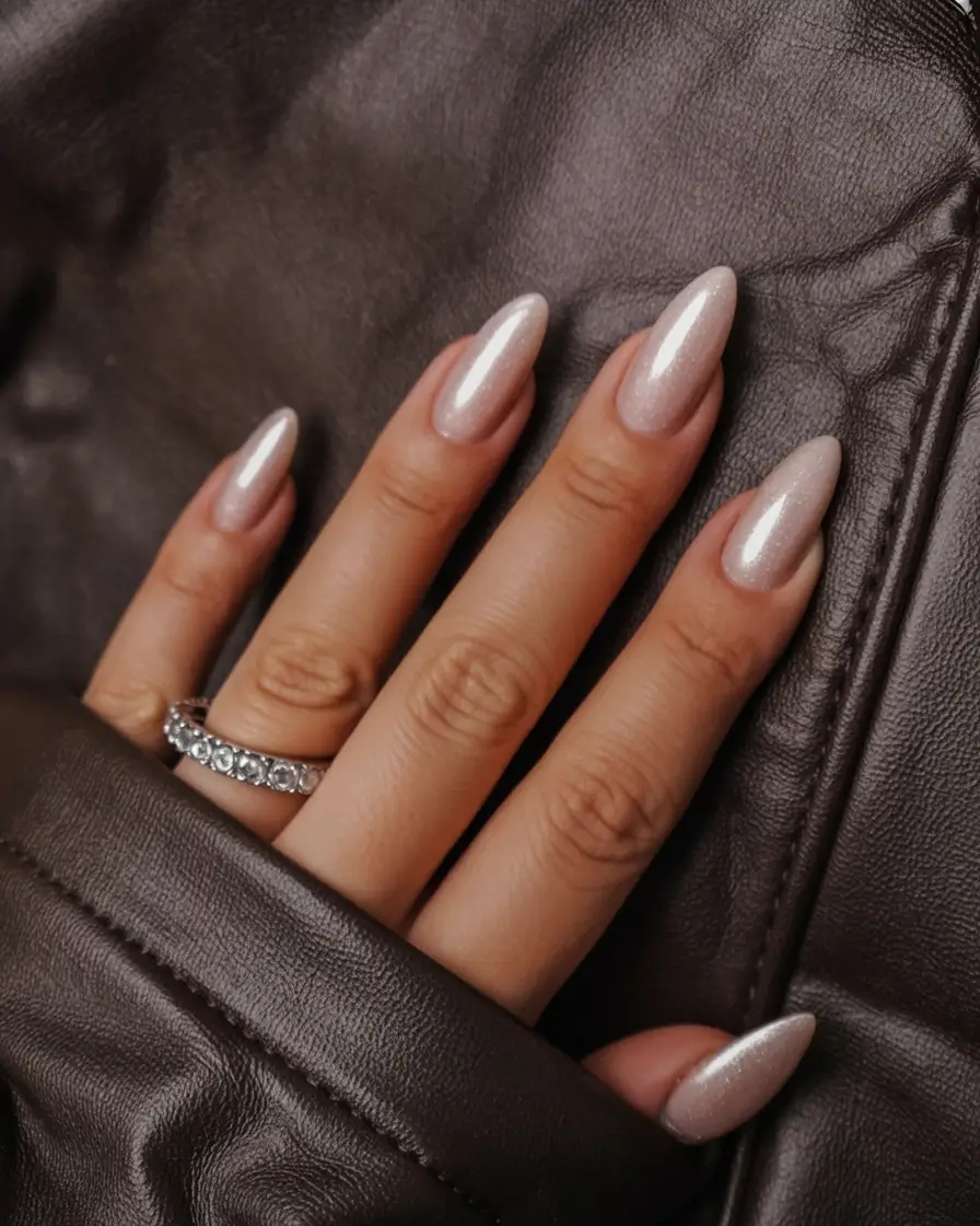 cozy spring wedding nails 2026 Pearlized Almond Glow