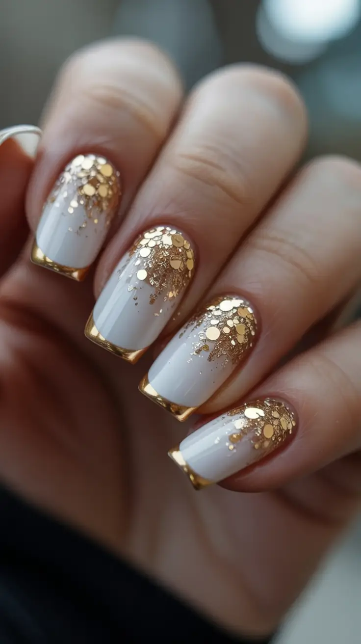 cozy spring wedding nails 2026 Ivory and Gold Foil Celebration