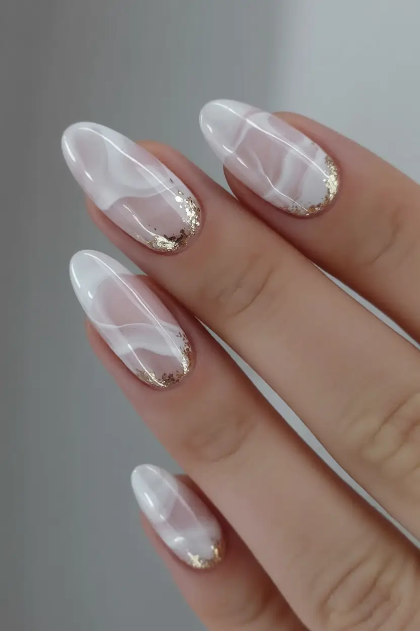 cozy spring wedding nails 2026 Milky Marble with Gold Accents