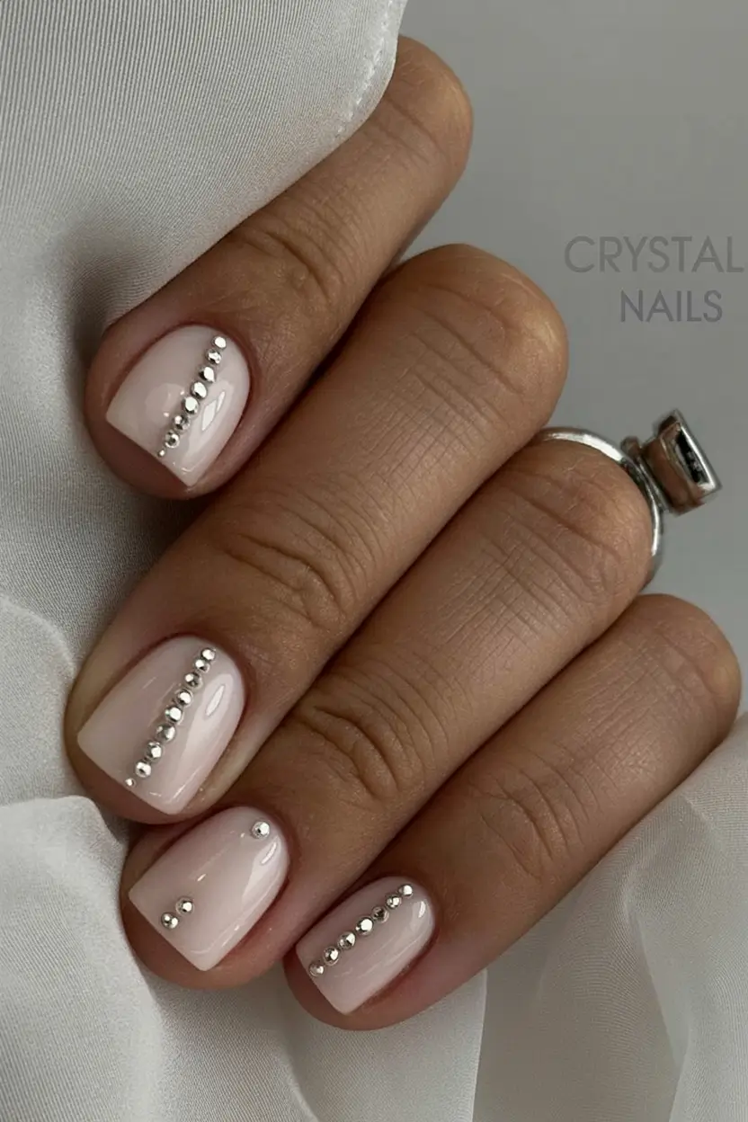 cozy spring wedding nails 2026 Soft Blush Square with Vertical Crystal Lines