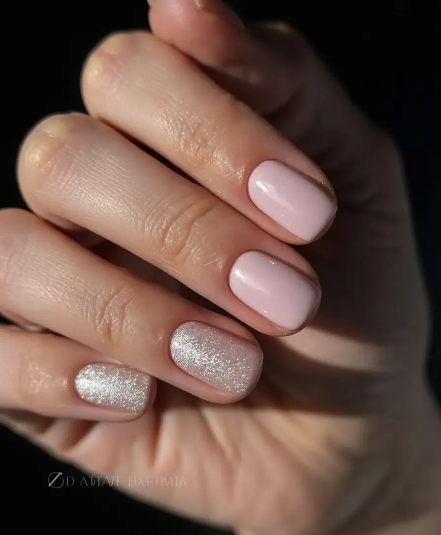 cozy spring wedding nails 2026 Blush Pink with Frosted Glitter Accent