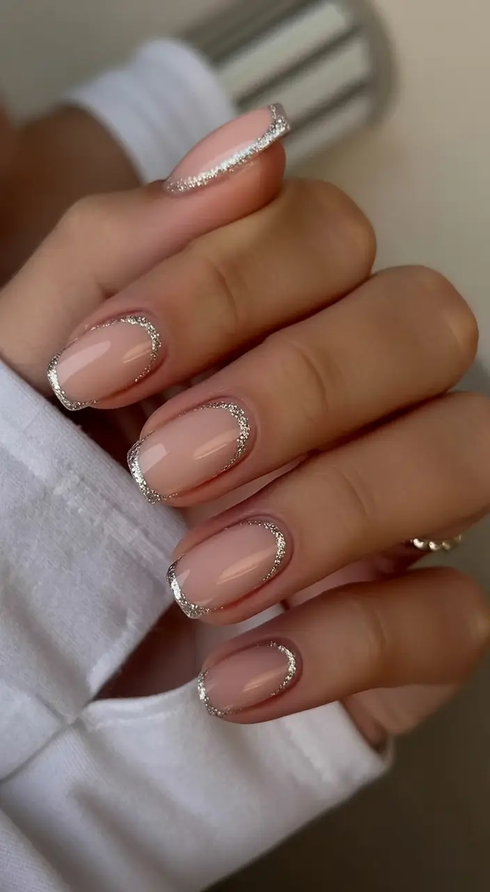 cozy spring wedding nails 2026 Blush Nude with Silver Micro-Glitter Outline