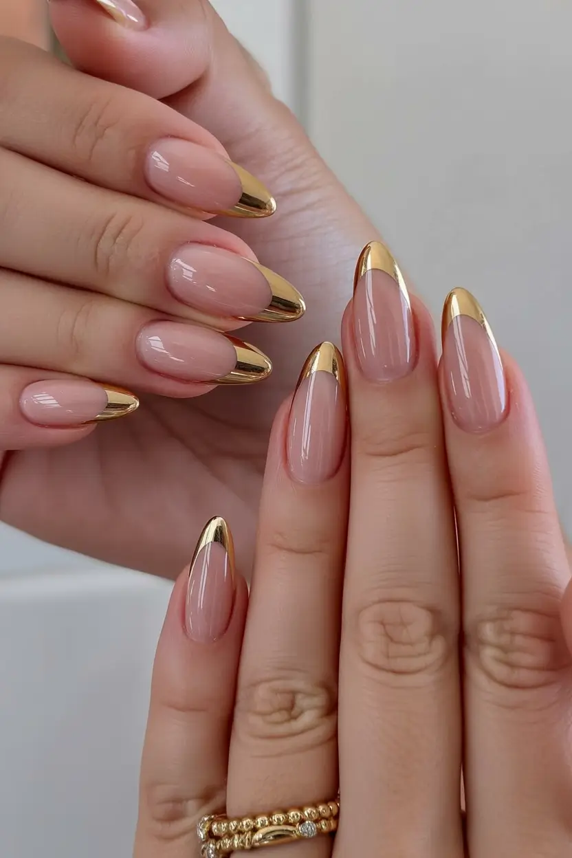 cozy spring wedding nails 2026 Almond Nude with Sculpted Gold Chrome Tips