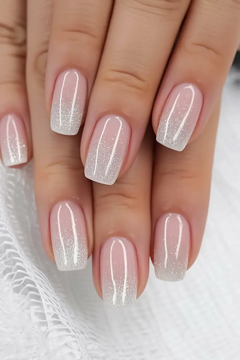 cozy spring wedding nails 2026 Blush Ombre with Whispered Sparkle