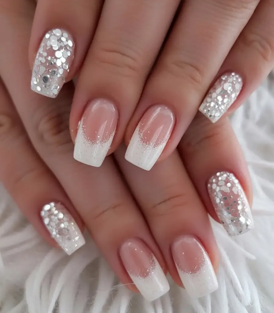 cozy spring wedding nails 2026 White Ombre with Silver Glitter Accent Nails
