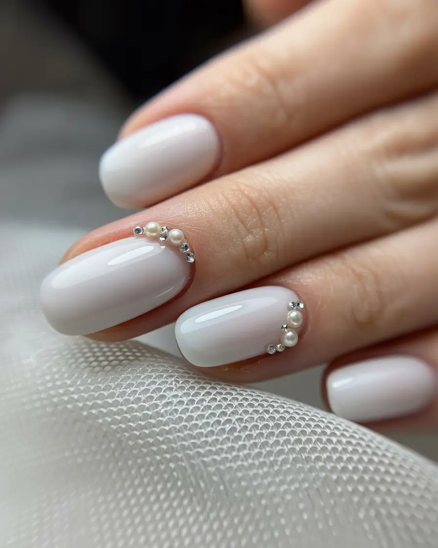 cozy spring wedding nails 2026 Pearl-Embellished Ivory Elegance