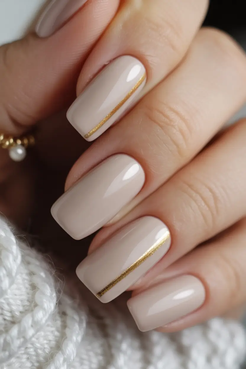 cozy spring wedding nails 2026 Nude Beige with Fine Gold Lines