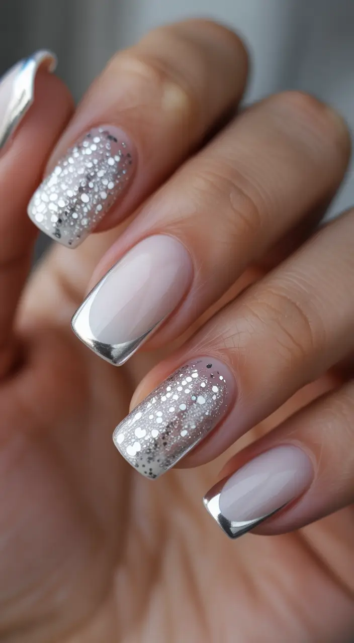 cozy spring wedding nails 2026 Soft Blush with Silver-Tipped Sparkle