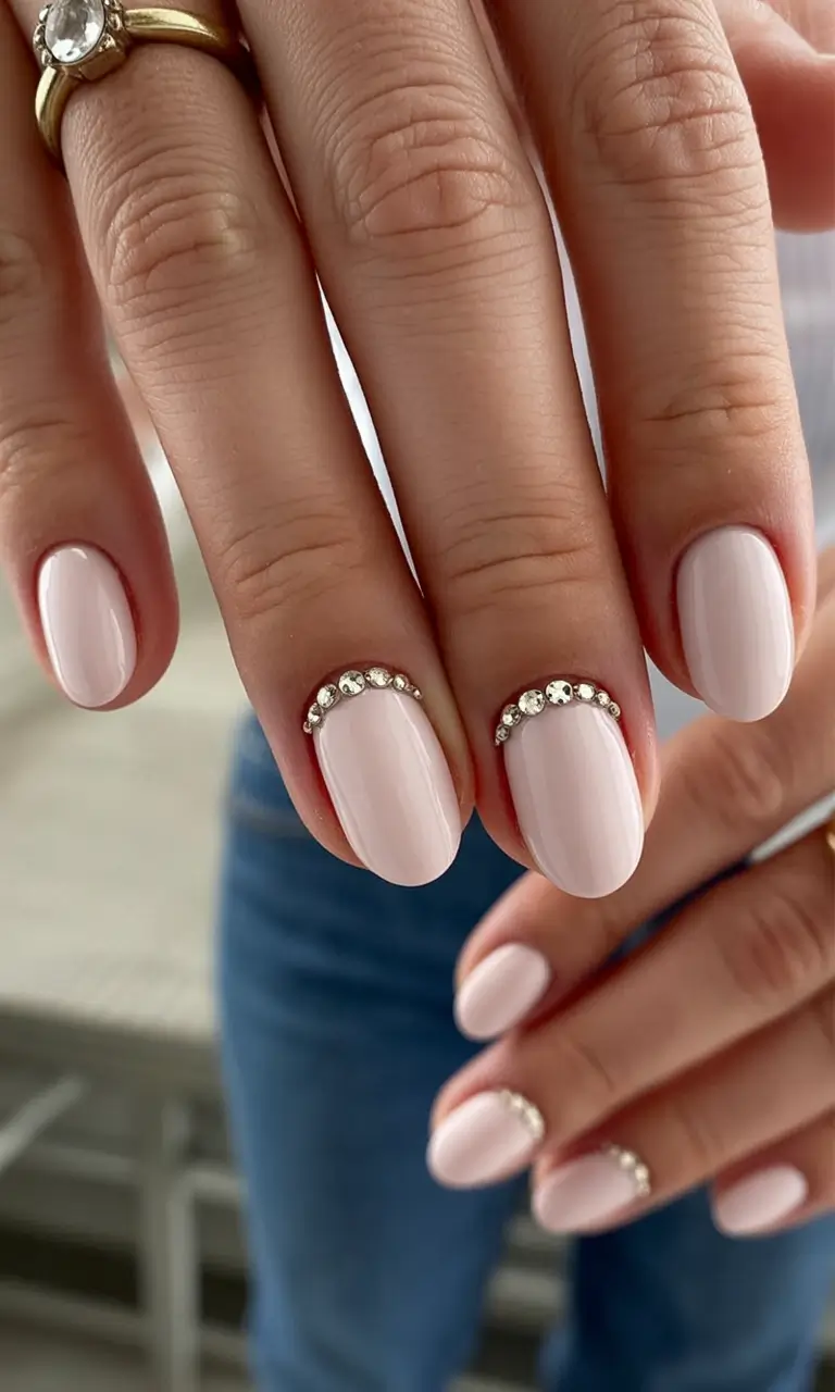 cozy spring wedding nails 2026 Minimal Blush with Crystal Half-Moons