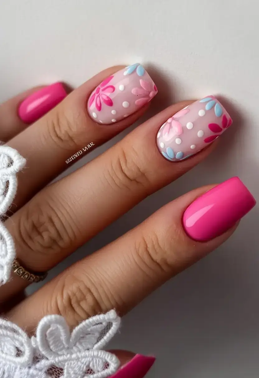 creative spring nail inspo 2026+Playful Petals and Confetti Dots