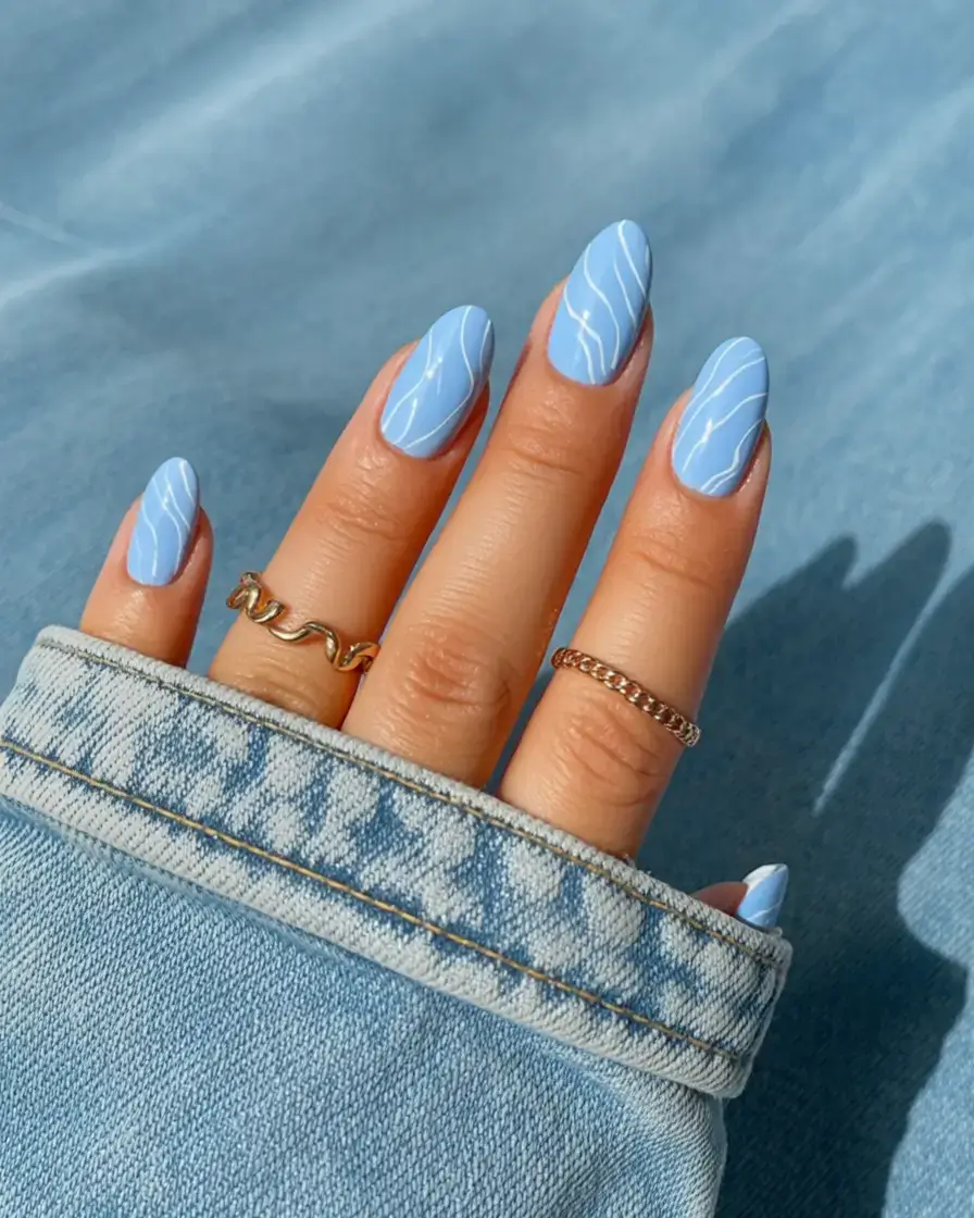 creative spring nail inspo 2026+Powder Blue Waves for Denim Days