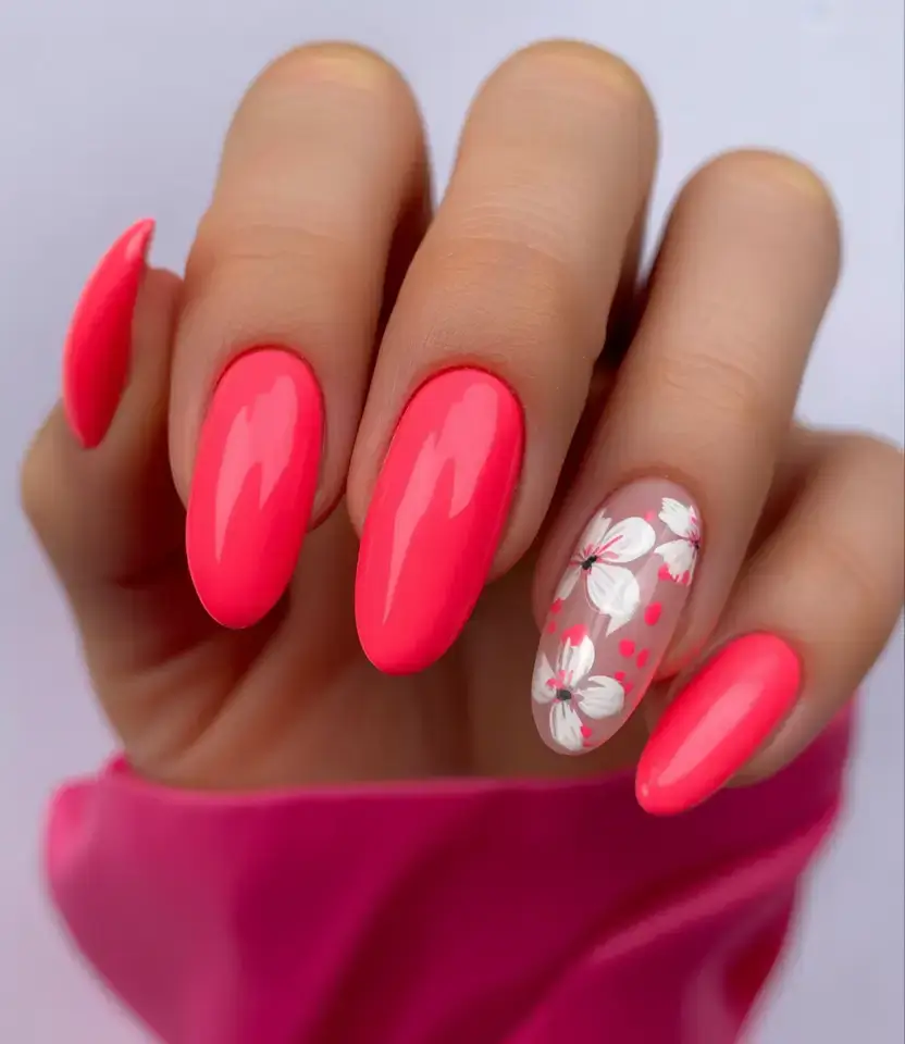creative spring nail inspo 2026+Hot Pink Blooms & Glossy Impact
