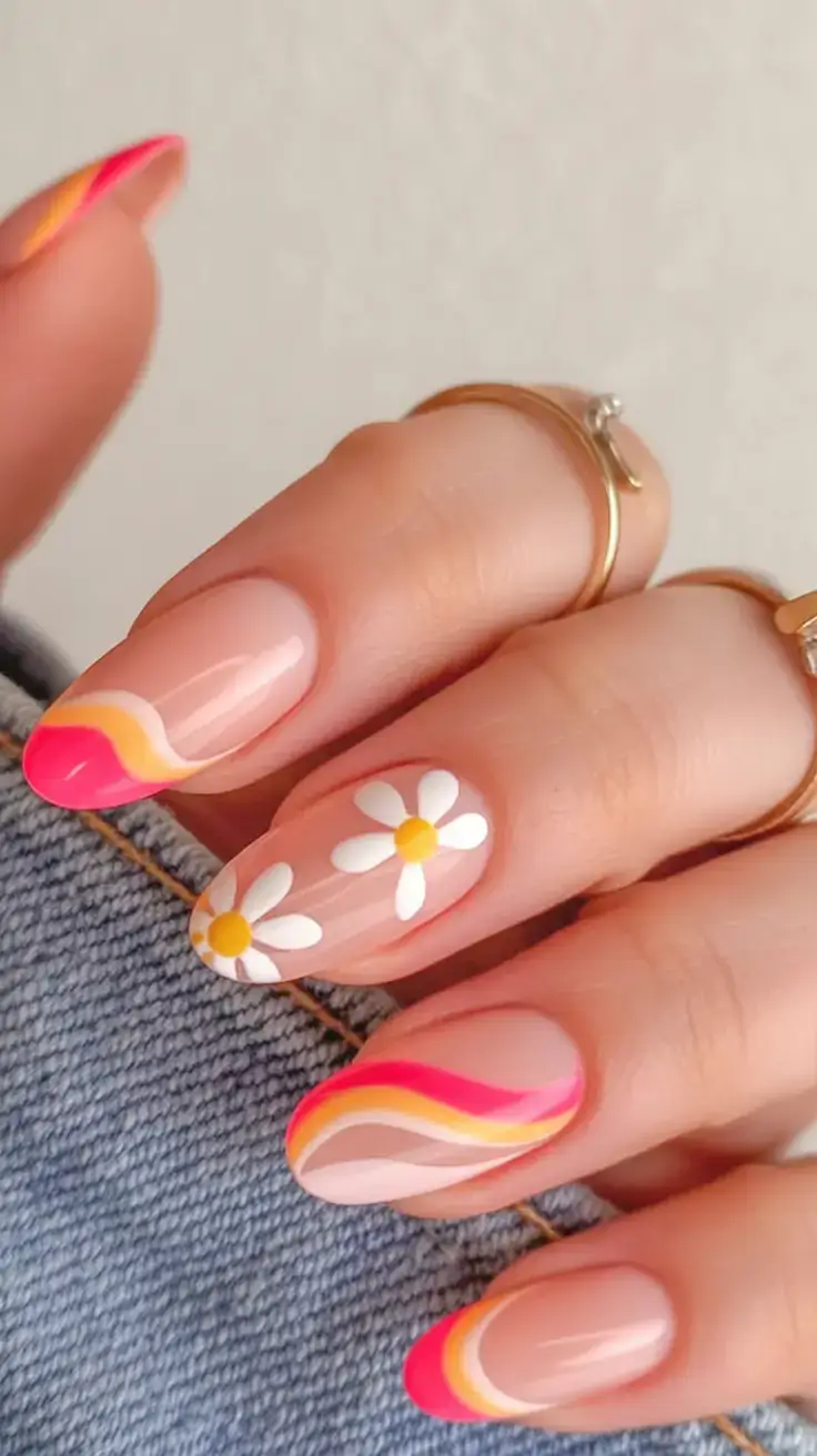 creative spring nail inspo 2026+Warm Sunset Waves & Daisy Pop