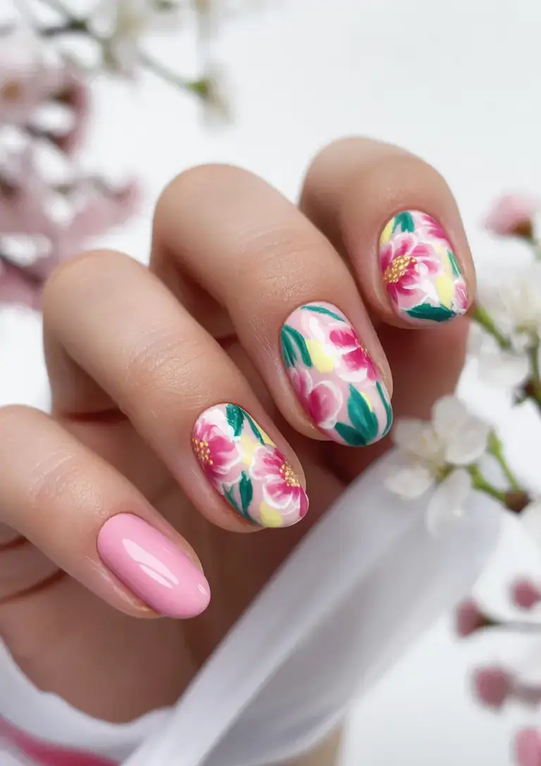 creative spring nail inspo 2026+Peony Brushstrokes in Bloom