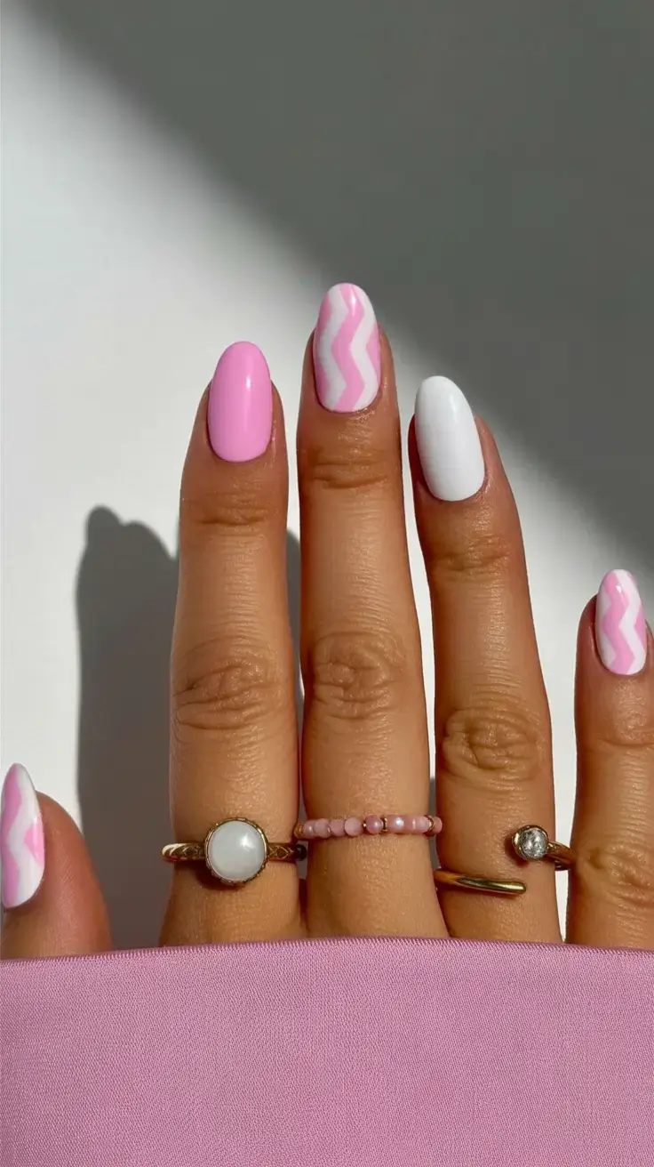 creative spring nail inspo 2026+Barbie Chevron with a Cool-Girl Twist