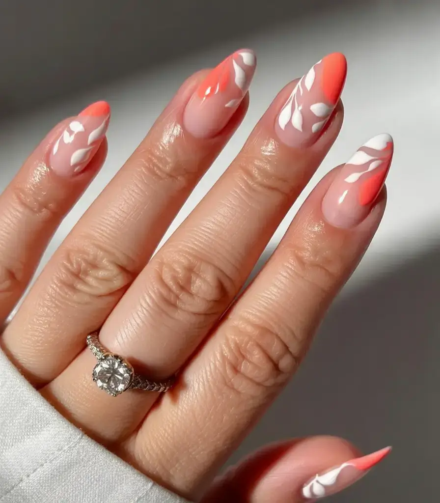 creative spring nail inspo 2026+Sunset Coral and Floating Botanicals