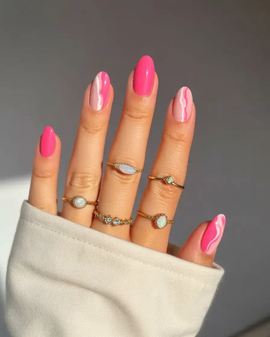 creative spring nail inspo 2026+Glossy Pink Meets 70s Swirl Energy