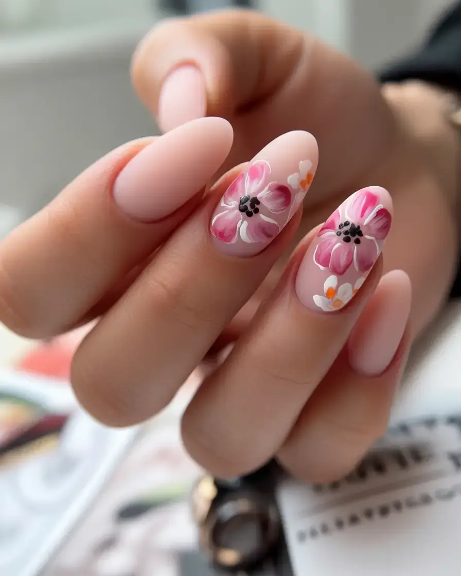 creative spring nail inspo 2026+Watercolor Florals on a Matte Canvas