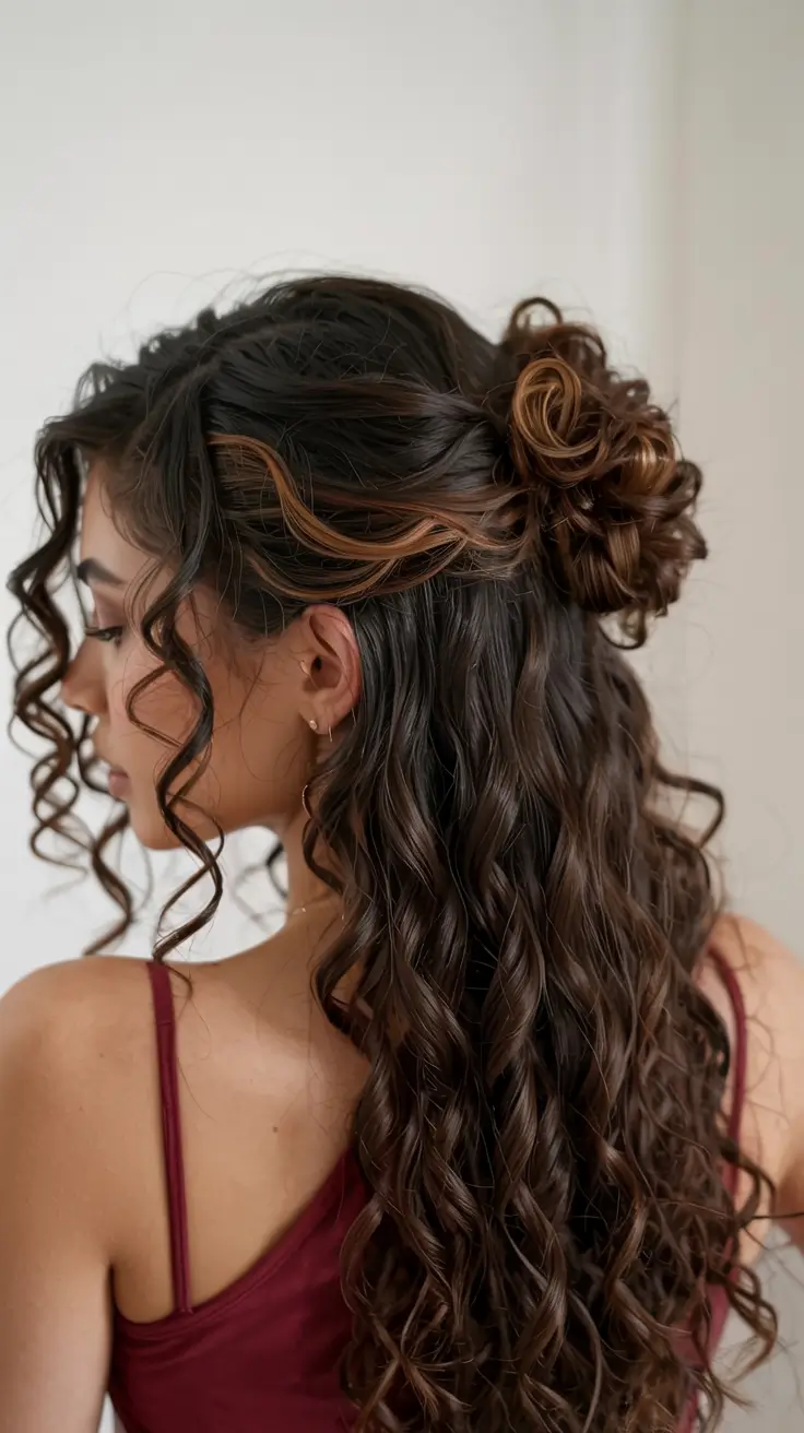 cute spring curly hairstyle ideas 2026 Half-Up Curly Twist With Caramel Accents