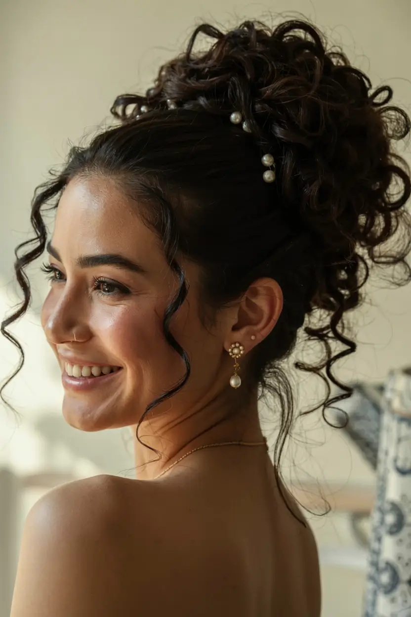 cute spring curly hairstyle ideas 2026 Curly Updo With Pearl Kissed Details