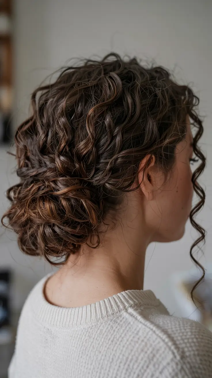 cute spring curly hairstyle ideas 2026 Textured Low Curly Bun With Braided Details