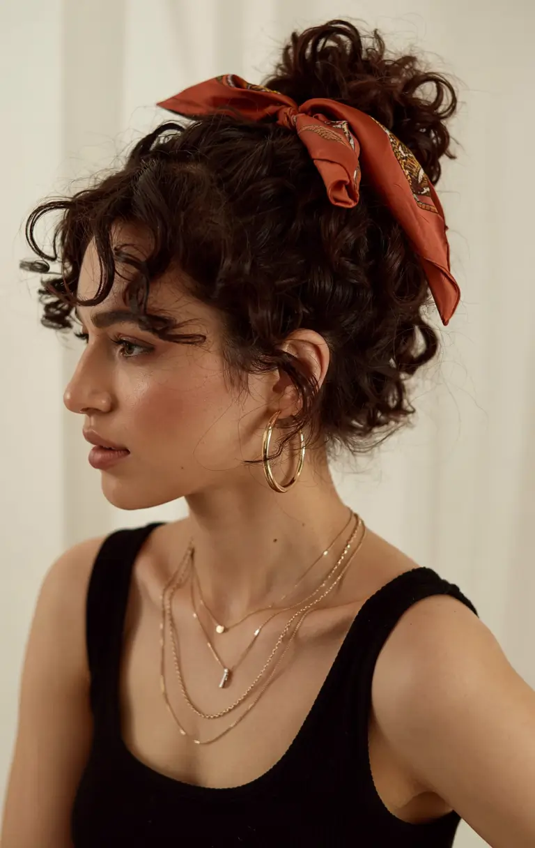 cute spring curly hairstyle ideas 2026 Curly Updo With a Spring Scarf Accent