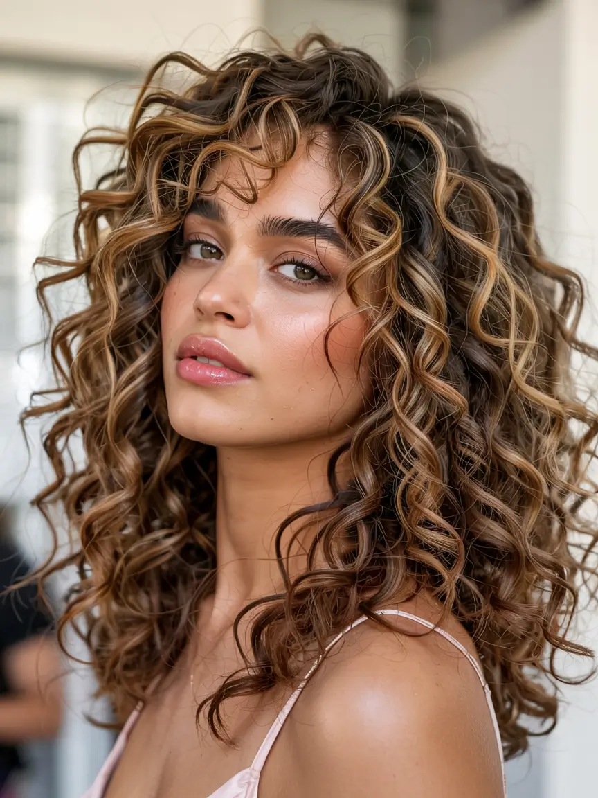 cute spring curly hairstyle ideas 2026 Dimensional Shoulder-Length Curls With Radiant Highlights