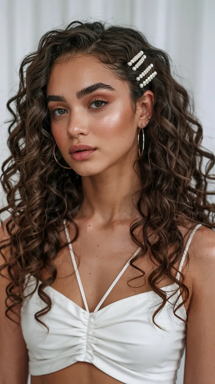 cute spring curly hairstyle ideas 2026 Soft Cascading Curls With Pearl-Accented Clips