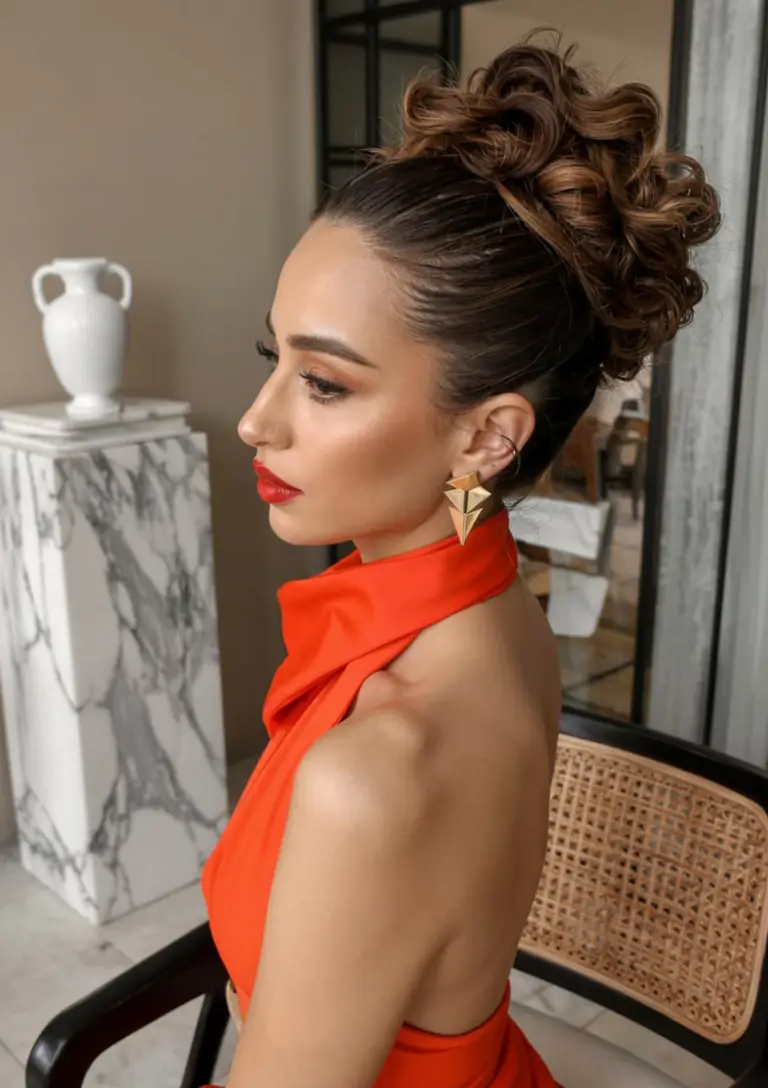 cute spring curly hairstyle ideas 2026 Glossy Sculpted Curly Updo for a Sleek Spring Moment
