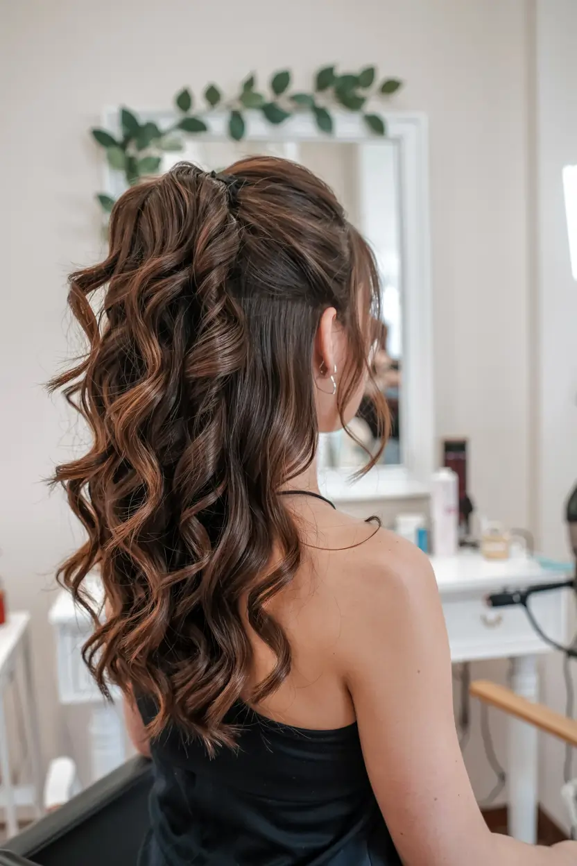 cute spring curly hairstyle ideas 2026 Half-Up Curly Cascade Ponytail With Defined Ribbon Curls