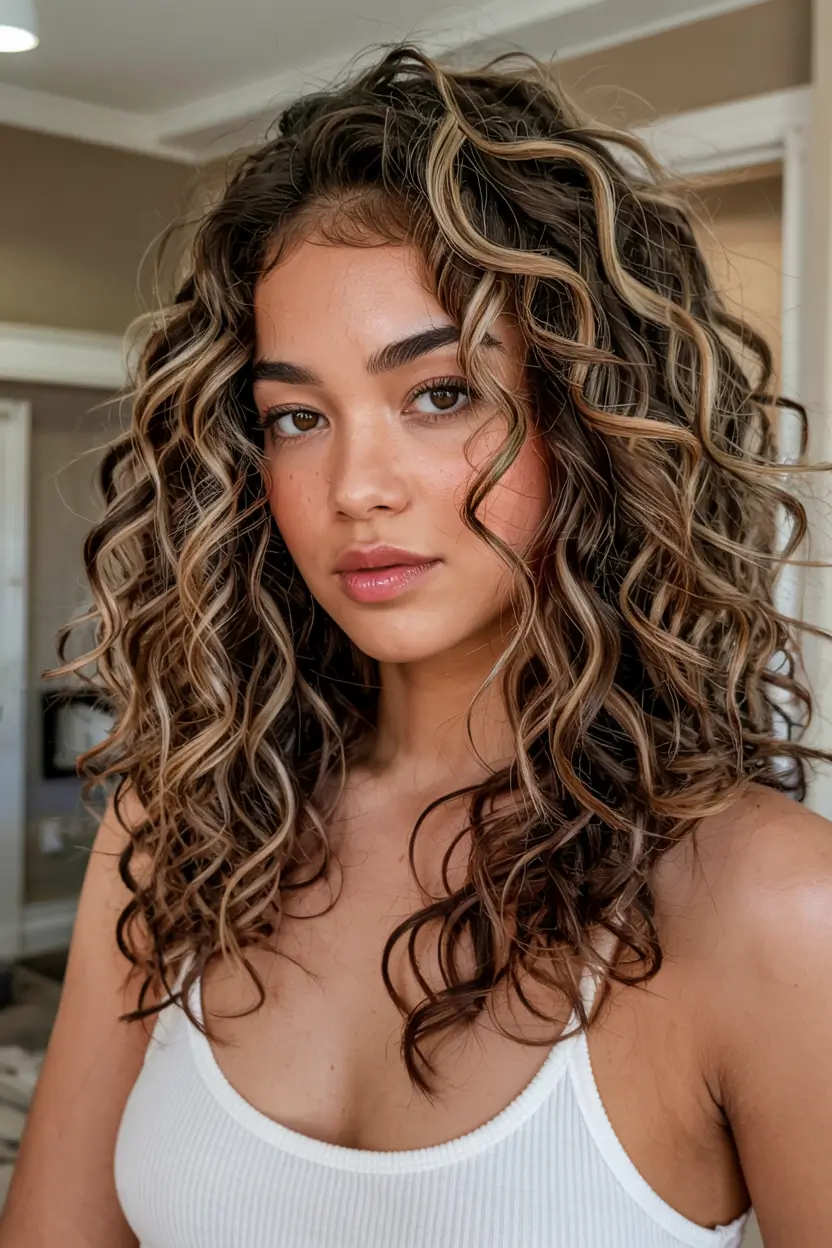 cute spring curly hairstyle ideas 2026 Sunlit Curly Layers With Blonde Dimension