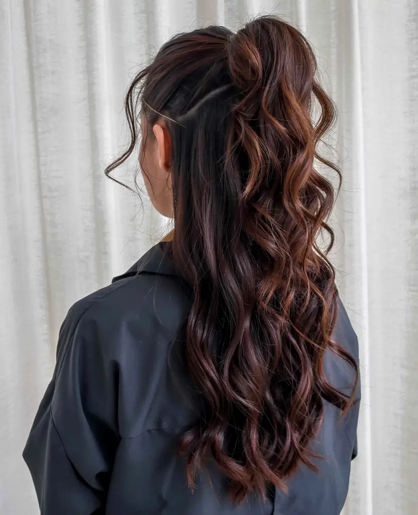 cute spring curly hairstyle ideas 2026 Voluminous Half-Up Curly Ponytail With Soft Waves