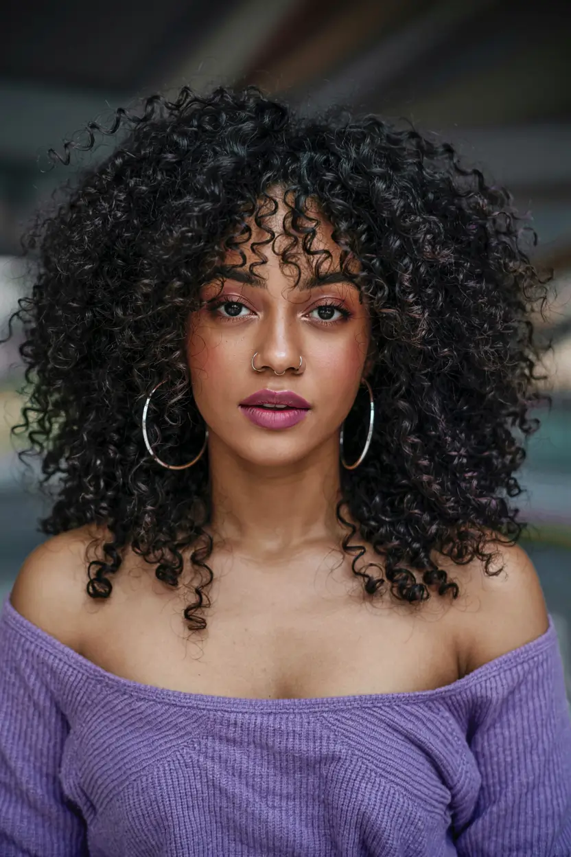 cute spring curly hairstyle ideas 2026 Full Curly Afro With Soft Bangs