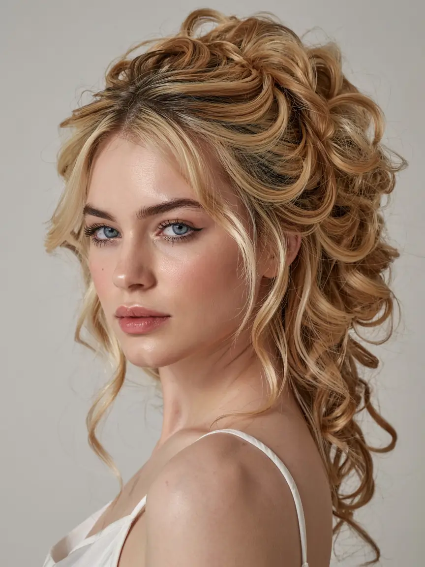 cute spring curly hairstyle ideas 2026 Romantic Blonde Curly Updo With Loose Tendrils