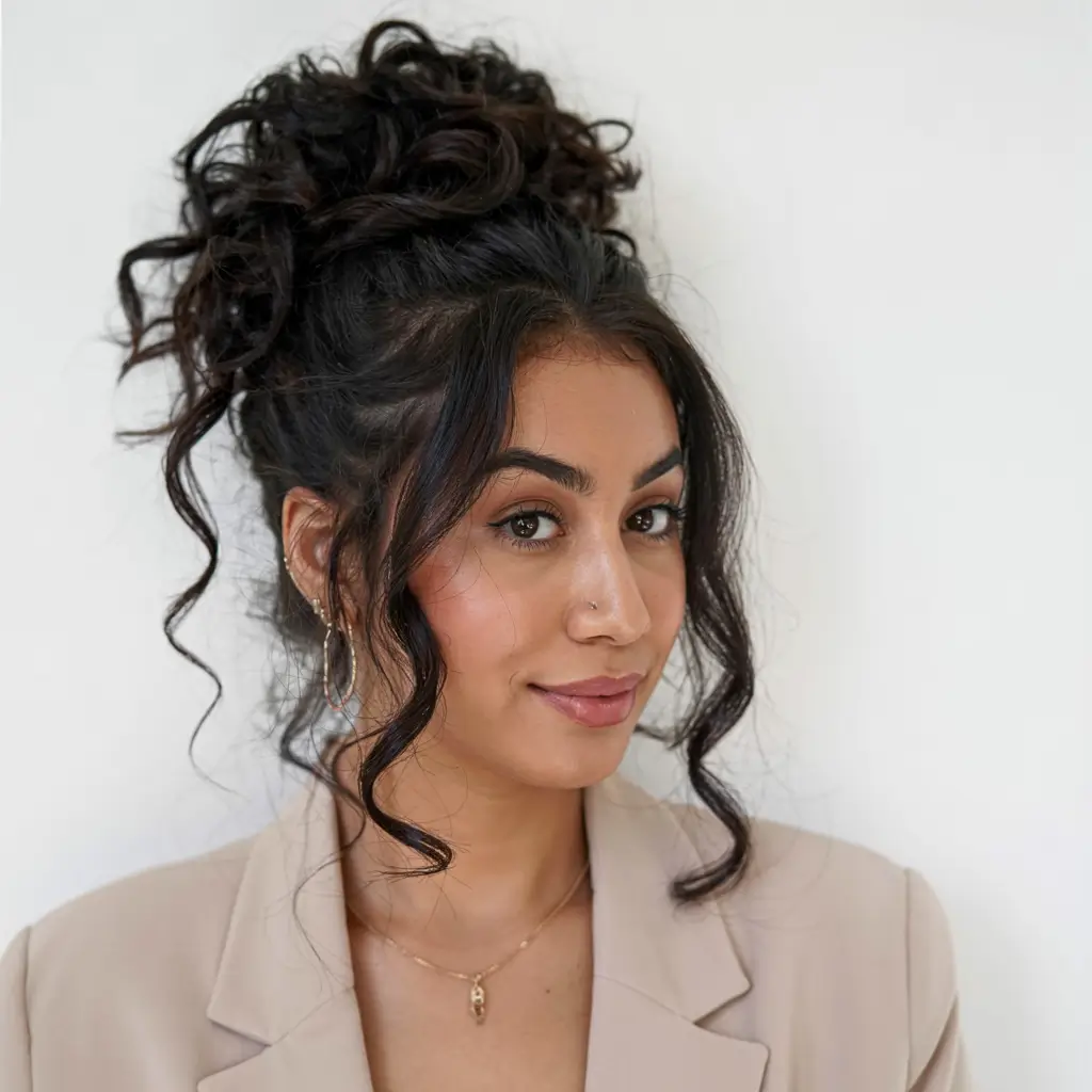 cute spring curly hairstyle ideas 2026 Textured High Curly Bun With Lively Tendrils