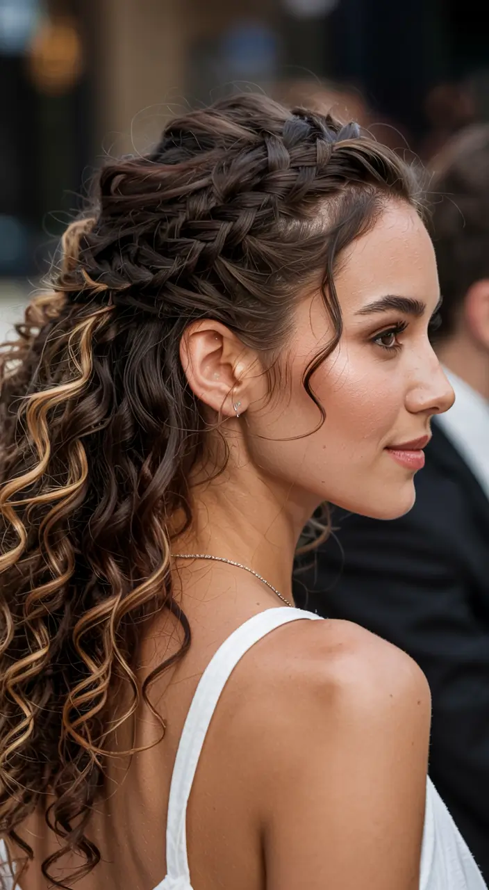 cute spring curly hairstyle ideas 2026 Half-Up Braided Crown With Sunlit Curls