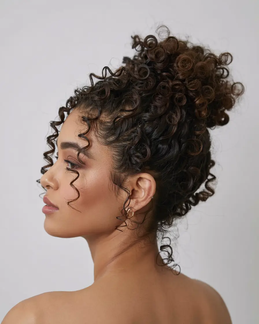 cute spring curly hairstyle ideas 2026 Airy Curly Bun With Soft Spiral Details