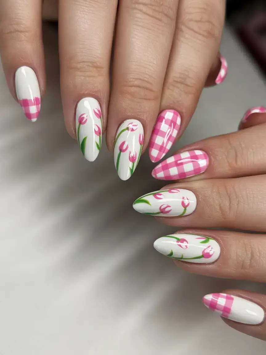 cute spring nails idea 2026+Gingham-Garden-Party