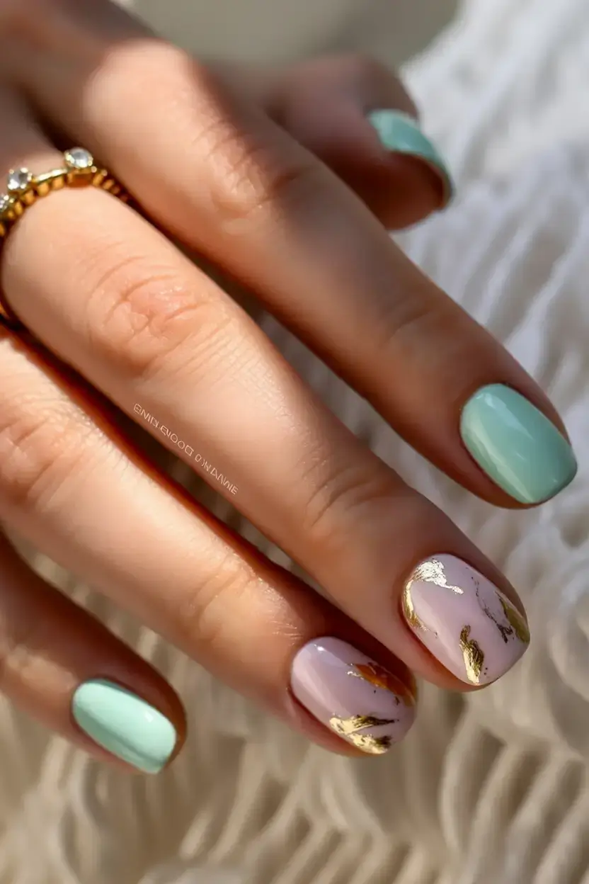 cute spring nails idea 2026+Mint-Gold-Marble-Luxe