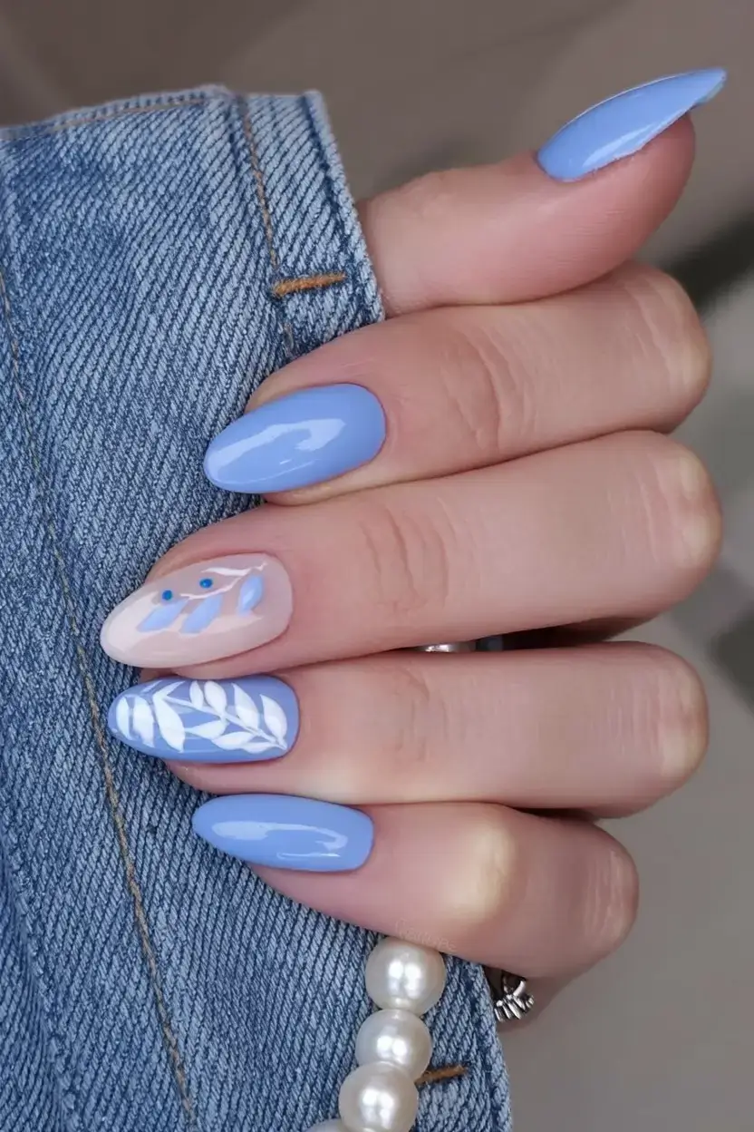 cute spring nails idea 2026+Denim-&-Florals
