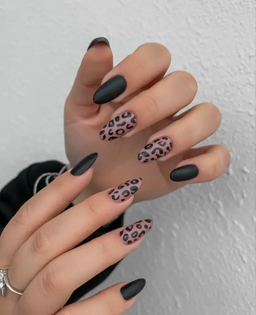 dark spring nail colors 2026 Muted Leopard With Matte Drama